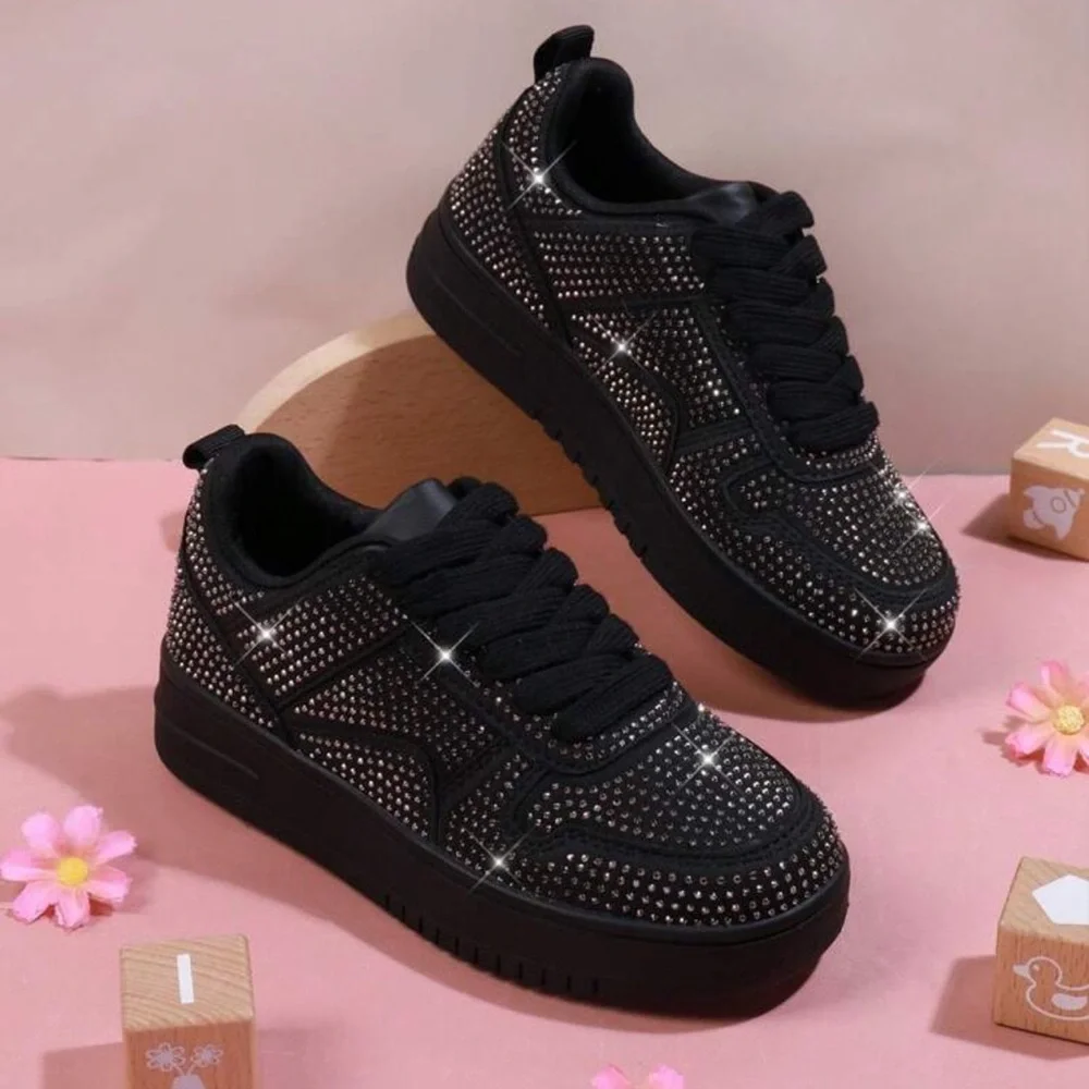 Kids Black Rhinestone Lace-Up Sneakers